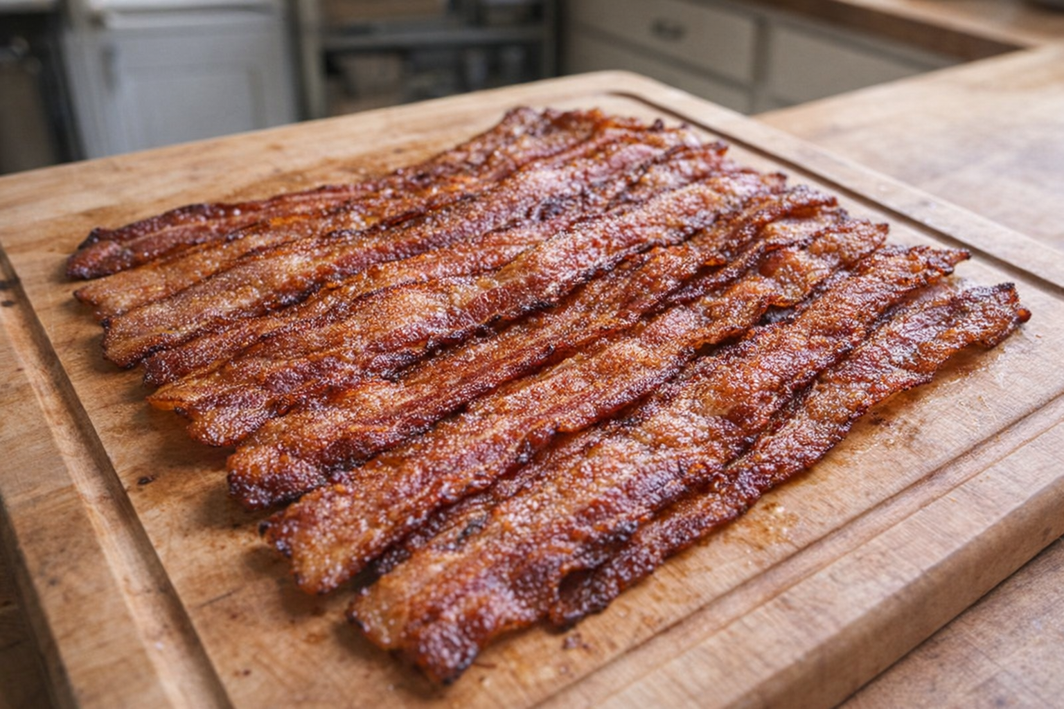 A top-down, brightly lit shot of perfectly cooked bacon strips arranged overlapping on a wooden cutting board, crispy edges, rendered fat visible